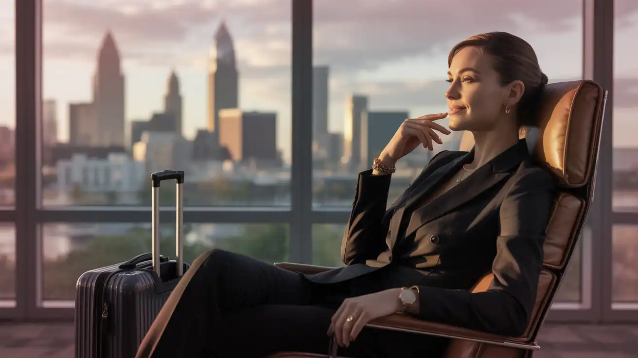 business woman waiting for her ride, cleveland ohio skyline inthe background